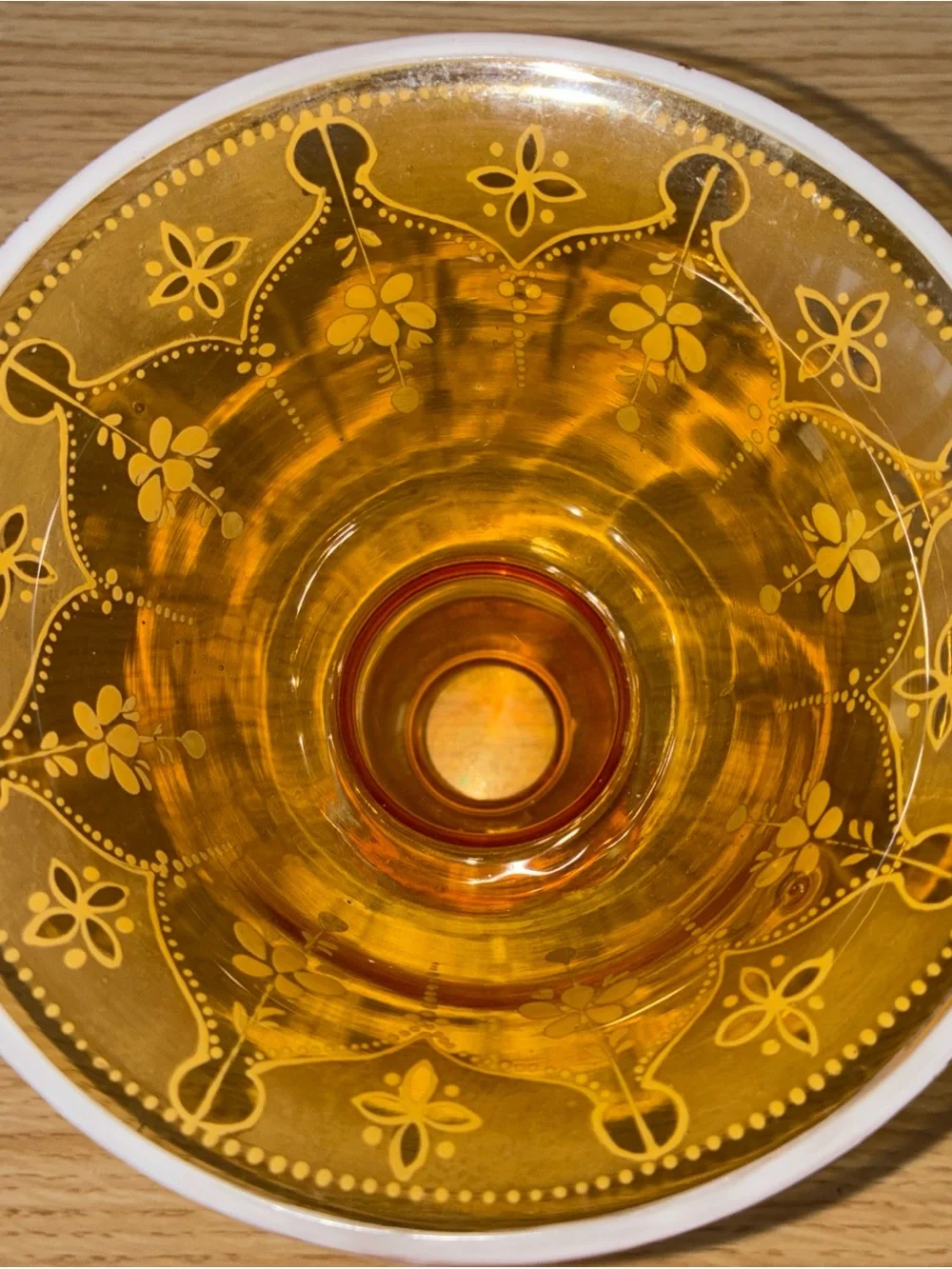Amber Glass Pedestal Vase with White Hand-Painted Floral Design